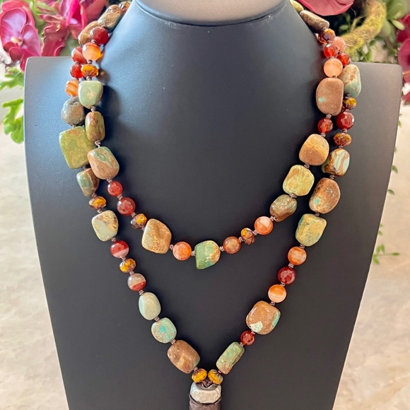 Turquoise, Carnelian, Imperial Topaz Knotted Necklace with Leather tassel - Picture 1 of 3